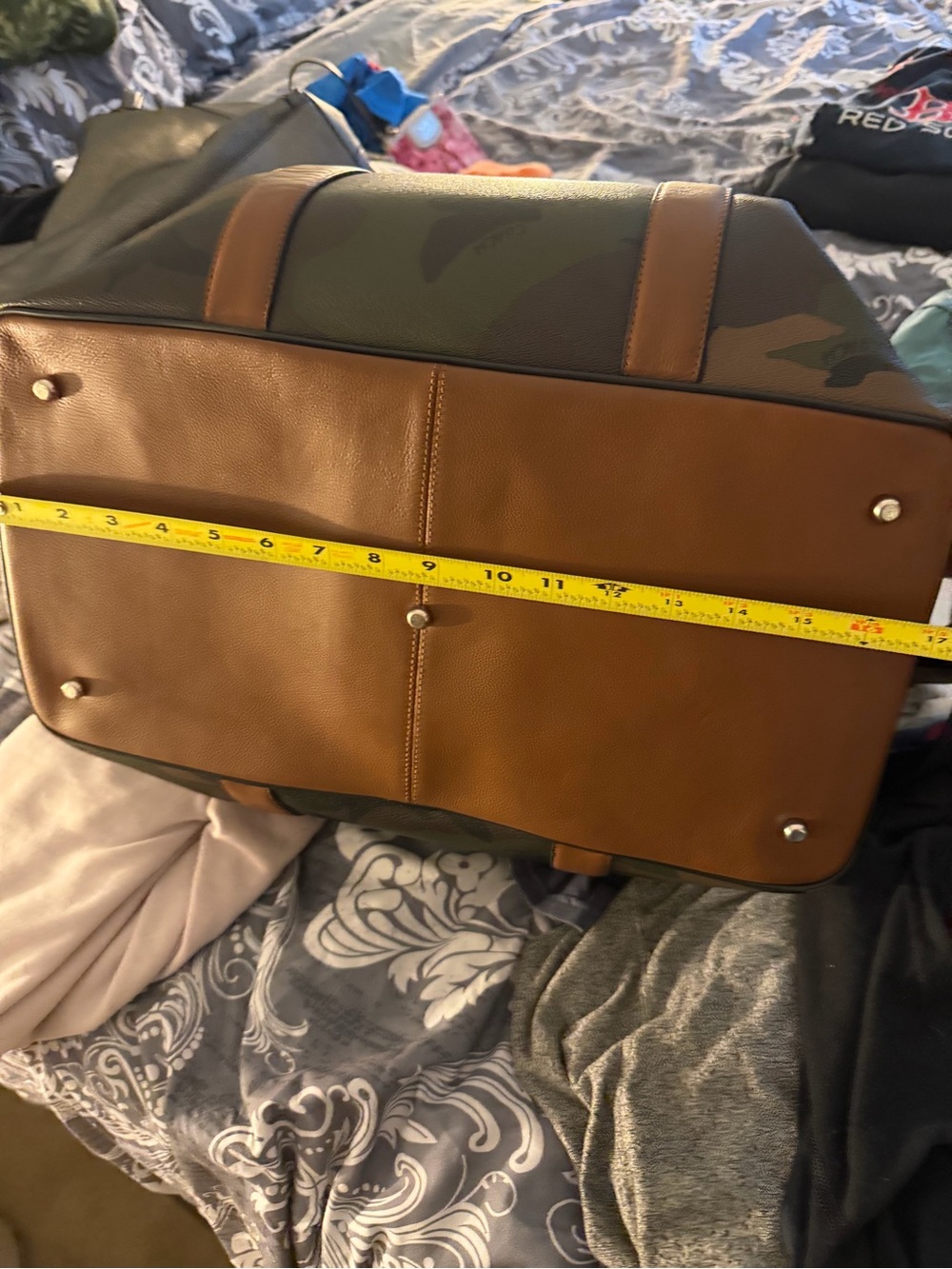 Coach Camouflage Duffel with Brown Leather Trim and Black Strap - Picture 6 of 9
